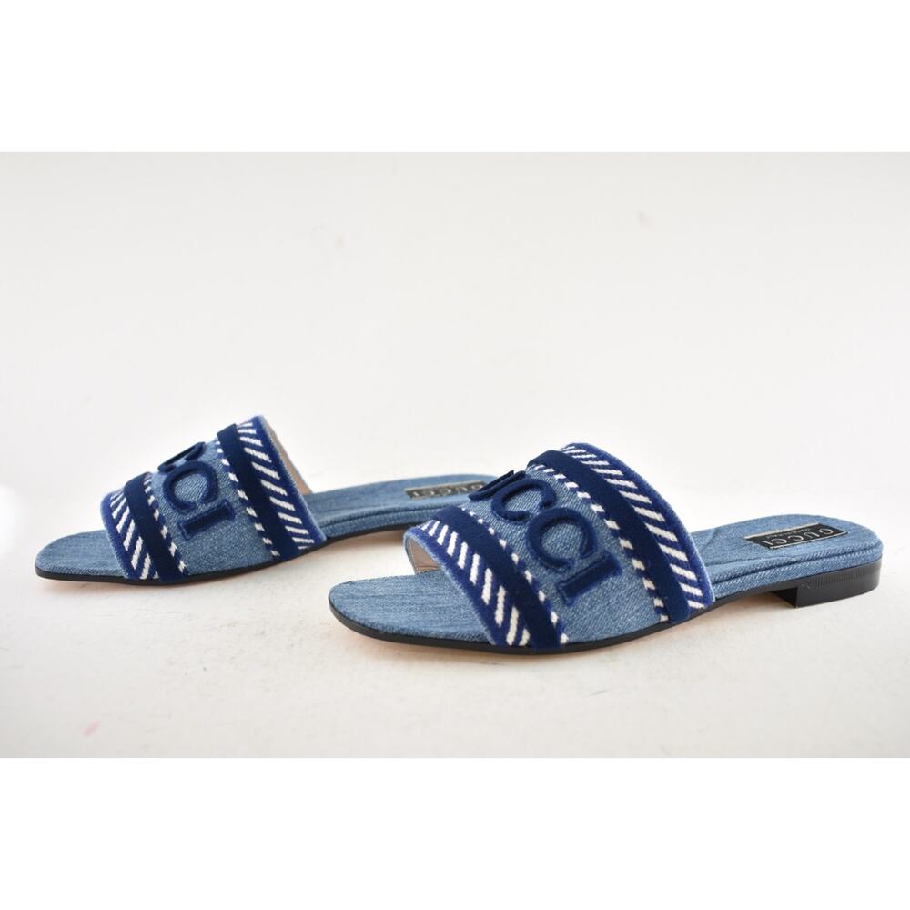 Gucci Jane Light Blue Denim Velvet Logo Mule Flat Slide Slip On Sandal 37 - Picture 14 of 16